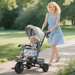 Triciclo Evolutivo 6 em 1 Dobrável Assento Giratório de 360° Guidador Parental Encosto Reclinável Toldo 111,5x52x98 cm Cinza