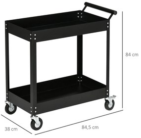 Carrinho de Ferramentas de 2 Níveis com Rodas para Garagem Oficina Mecânica Carga Máxima 150 kg 84,5x38x84 cm Preto