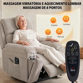 Poltrona Relax Elétrico Elevatório com Massagem Vibratória Aquecimento Molas Ensacadas Comando Porta-Copos e Bolsos  Bege