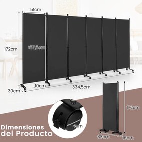 Biombo Divisória de 6 painéis com calhas bloqueáveis Divisória de sala e quarto 334,5 x 30 x 172 cm Cinzento