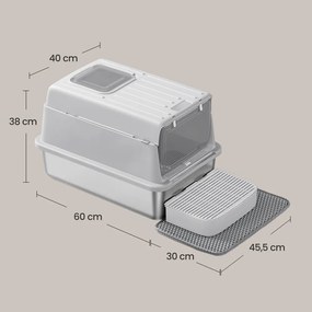 Caixa de areia para gatos em aço inoxidável 60 x 40 x 38 cm, com tampa e pá Cinza claro