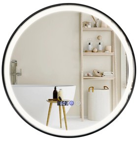 Espelho de casa de banho redondo Espelho de toucador com luz LED de 3 cores Função de memória Leitura do tempo de embaciamento e da temperatura 60 x 6
