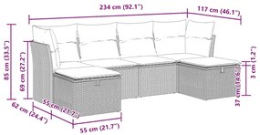 6 pcs conjunto de sofás jardim c/ almofadões vime PE castanho