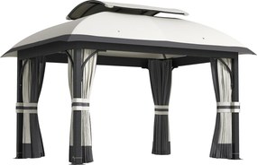 Outsunny Pavilhão de jardim, 3,3 x 4 m tenda de jardim com cortinas de rede, teto de dois níveis, revestimento em couro sintético, estrutura metálica, Cinza claro | Aosom Portugal