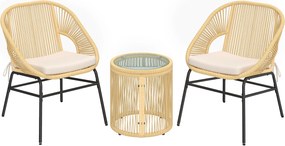 Outsunny Conjunto Bistrô 3 Peças em Rattan e Aço com 2 Cadeiras, Mesa Redonda com Tampo em Vidro Temperado, Bege | Aosom Portugal