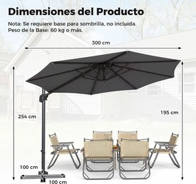 Guarda sol de Jardim, 300 x 254 x 190 cm, Rotação de 360° (BASE NÃO INCLUIDA), Cinzento