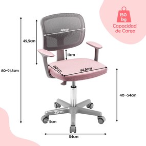Cadeira de secretária ergonómica para crianças com rodas Cadeira giratória para computador Apoio lombar ajustável em altura Rosa