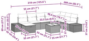 Conjunto de Sofá de Jardim de 9 Peças com Almofadas Castanho Vime PE