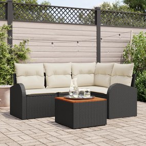 Conjunto de Sofá de Jardim de 5 Peças com Almofadas Rattan Preto Polié