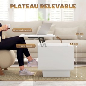 Mesa de centro com altura ajustável, mesa de sala com compartimento oculto e 2 gavetas, 100 x 50 x 44 cm, branca