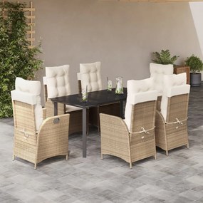 vidaXL 7 pcs conjunto de jantar p/ jardim com almofadões vime PE bege