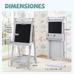 Cavalete de arte dobrável de dupla face 3 em 1 para crianças + 3 anos com quadro negro e rolo de papel substituível 3 copos bandejas Cinzento