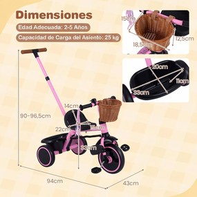 Triciclo Infantil Evolutivo 2 em 1, 94 x 43 x 90-96,5 cm, Pega de Empurrar Ajustável, Cor-de-rosa