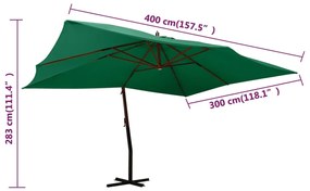 Guarda-sol jardim cantilever c/ poste madeira 400x300 cm verde