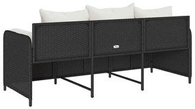 Sofá de jardim 3 lugares com almofadões vime PE preto