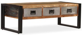 Mesa de centro 3 gavetas madeira recuperada maciça 100x50x35 cm
