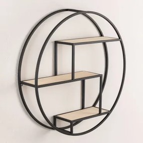 Estante De Parede Ø60 Cm Em Ferro E Madeira Kafren Preto - Madeira Natural - Sklum