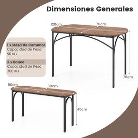 Conjunto de mesa de jantar de 3 peças para 4 pessoas Mesa retangular de madeira e 2 bancos com estrutura metálica  castanho