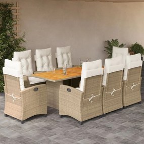 vidaXL 9 pcs conjunto de jantar p/ jardim com almofadões vime PE bege