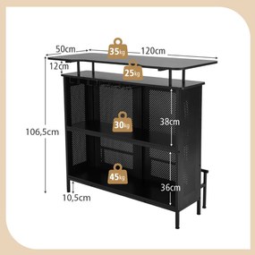 Mesa de bar alta Armário de bar em metal com 2 estantes para vinhos e 6 suportes para copos Suporte de bar Cozinha Pub 120 x 50 x 106,5 cm Preto