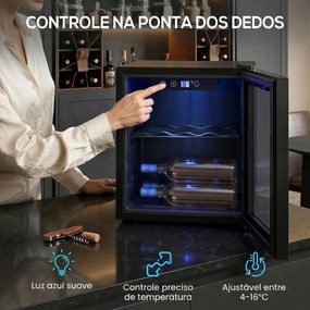 Vinoteca 12 Garrafas, Frigorífico para Vinhos 36 L com Temperatura Ajustável 4-16 ℃ Porta de Vidro Duplo Luz LED, Preto
