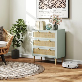 Cómoda de design boémio em vime com 3 gavetas 80C x 40L x 87,5A cm, móvel de arrumação para a sala de estar, o corredor ou a entrada, verde-oliva