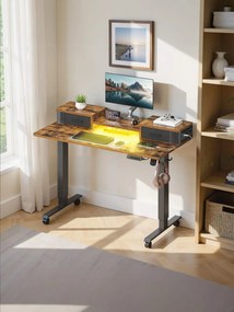 Secretária elétrica alta ajustável em altura, 120 x 60 x (72-120) cm, com suporte para monitor e estação de carregamento castanha