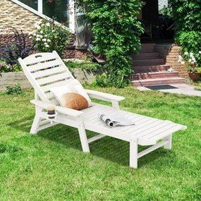 Espreguiçadeira com encosto ajustável em 4 posições, porta-copos e apoios de braços para piscina ou jardim 196-169 x 75 x 31,5-65 cm branca