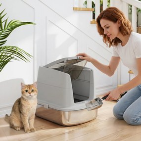 Caixa de Areia para Gatos em Aço Inoxidável L com Tampa Removível e Pá Inox, Cinzento Claro