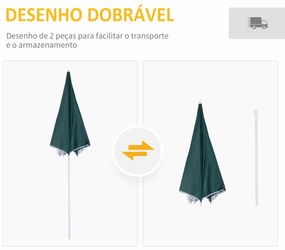 Chapéu de Sol de Praia com Painel Lateral Ø220x220 cm com Manivela Manual 8 Hastes de Aço e Bolsa de Transporte Verde