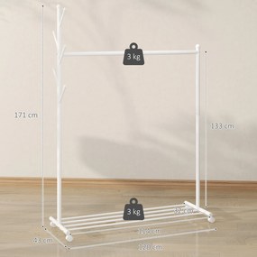 Guarda roupa com Rodas 5 Ganchos Barra para Pendurar e Prateleira Inferior 120x43x171 cm Branco