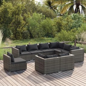 vidaXL 9 pcs conjunto lounge de jardim c/ almofadões vime PE cinzento