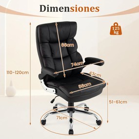 Cadeira de escritório ergonómica em couro sintético com altura ajustável, oscilação, braços rebatíveis e rodas Preta