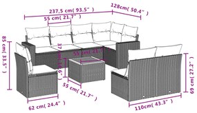 9 pcs conjunto sofás p/ jardim com almofadões vime PE cinzento