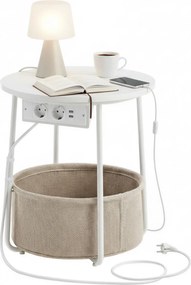 Mesa apoio redonda com cesto de tecido e tomadas, 45 x 50 cm (diâmetro x A) branco-castanho
