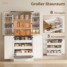 Armário cozinha 76 x 40 x 182 cm 4 portas, 3 gavetas, 8 suportes para prateleiras e prateleiras ajustáveis, 76 x 40 x 182 cm, branco