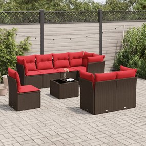 vidaXL 9 pcs conjunto sofás p/ jardim c/ almofadões vime PE castanho