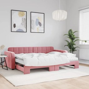 Sofá-cama com gavetão e colchões 80x200 cm veludo rosa