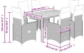 7 pcs conjunto de bistrô p/ jardim c/ almofadões vime PE preto