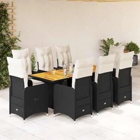 vidaXL 9 pcs conjunto de bistrô p/ jardim c/ almofadões vime PE preto