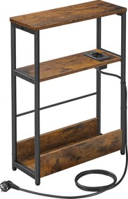 Mesa de cabeçeira ou Mesa de apoio, com 1 tomada e 2 portas USB e 3 prateleiras estreitas 18 x 45 x 58 cm Castanho vintage + Preto