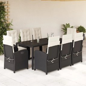 9 pcs conjunto de jantar p/ jardim c/ almofadões vime PE preto