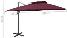 Guarda-sol de jardim cantilever c/ toldo duplo 300x300 cm bordô