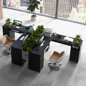 Secretaria computador de canto em L com gavetas e bandeja para teclado para escritorio 168 x 168 x 76 cm Preto