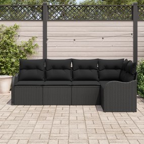 Conjunto de Sofá de Jardim de 5 Peças com Almofadas Preto Rattan Polié