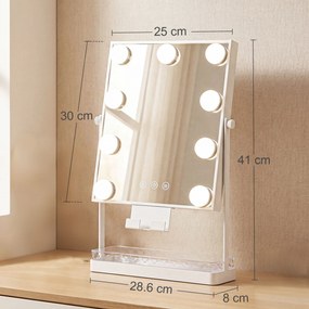 Espelho de Maquilhagem com Luz 9 Lâmpadas LED 3 Cores Interruptor Tátil Suporte para Telemóvel Branco