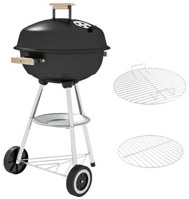 Outsunny Barbecue a Carvão Portátil com Rodas Tampa e Tigela Esmaltadas e Puxadores de Madeira  48x56x85 cm Preto
