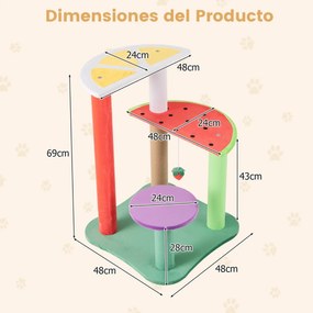 Arranhador para gatos de 69 cm Torre estética multinível de 4 níveis com plataformas desenhos de frutas com bolas penduradas Multicolorido