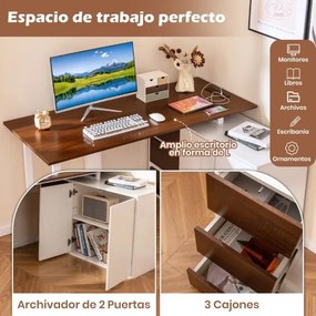Secretária em forma de L 138 x 104 x 74 cm com arquivo e tomada elétrica com 3 gavetas Castanho e Branco