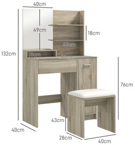 Toucador de Maquilhagem com Banco Mesa de Maquilhagem com Espelho Prateleiras e Gaveta 80x40x132 cm Madeira e Bege